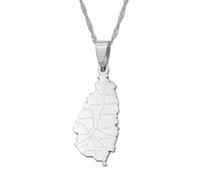 Stylish-Art Saint Lucia Map With Cities Name Pendant Necklaces,St. Lucia Nation Vintage Patriotic Items Pattern Maps Pendant,Ethnic Anniversar Ornaments Jewelry,Silver,45Cm Chain