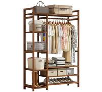 Stylish Bamboo Clothes Rack with Hanging Rod 2 Shelves & Hooks - Natural Wood Open Wardrobe for Bedroom & Hallway Ideal Coat Stand & nizer Solution