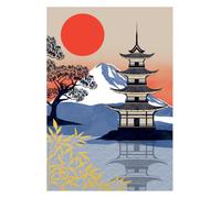 Stylish Birthday Card Sakura Sunset Japanese Temple - Illustrated Greeting Card