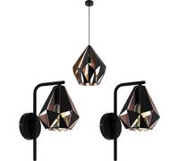 Loops Ceiling Pendant Light & 2X Matching Wall Lights - Black Copper Geometric Shade - Hanging Drop Adjustable Height Lamp Living Room Set Kit