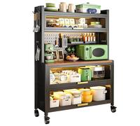 Stylish Black Kitchen Storage Cabinet with Rolling Microwave Stand, Flip Door & Coffee Bar - 31.5" Space-Saving with DIY Back Panel for Versatile Use