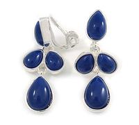 Stylish Blue Ink Acrylic Bead Drop Clip On Earrings In Silver Plated Finish - 38mm Tall