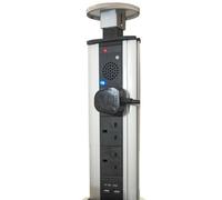 Loops Pop-Up 3 Gang Mains Power Extension Tower | SILVER | 3W BLUETOOTH AUDIO SPEAKER & 3 Plug Sockets & 2x USB Charging Ports | Hidden Pull-Up Retractable Socket | Kitchen Worktop & Office Desk