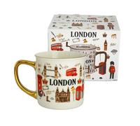 Stylish British Heritage London Mug - Collectible Ceramic Coffee Tea Cup with Gold Handle & City Symbols Landmark Design