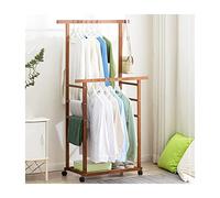 Stylish Brown Wooden Rolling Clothes Rack with Double Rods & Shelves - Mobile Open Wardrobe & Coat Stand on Wheels, 80x36x148cm for Home & Closet nization Solutions
