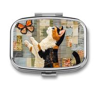 Stylish Calico Cat with Butterfly Metal Pill Organizer Case, 2-Compartment Travel Pill Box, Portable Pocket Pill Container with Secure Closure, Small Medication Holder for Men Women Seniors, Giftable