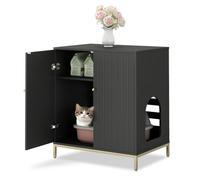 Stylish Cat Litter Box Enclosure, Modern Hidden Litter Box Furniture with Tall Legs, Side Entrance, and Dual Use as End Table for Living Room or Bedroom (Black & Gold)