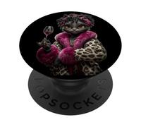 Stylish Cat Portrait Fashion Cat Pink Wine Graphic Round PopSockets Adhesive PopGrip