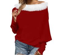 Stylish Christmas Jumpers Off Shoulder Christmas Jumper Fur Trim Pullover Sweater Casual Loose Fitting Pullover Christmas Dresses for Women Holiday Lightweight Shirt