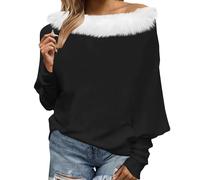 Stylish Christmas Jumpers Off Shoulder Christmas Jumper Fur Trim Pullover Sweater Casual Loose Fitting Pullover Christmas Dresses for Women Holiday Lightweight Shirt