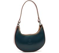 Stylish Crescent Moon Shoulder Bag - Small Dumpling Style Real Leather Handbag with Fixed Strap - Lyra (Teal - Tan Trim)