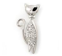 Stylish Diamante Kitty Brooch In Rhodium Plated Metal