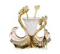 Stylish Dinnerware Set Featuring Swan Base Holder with 6 Forks and 6 Spoons for Ice Cream and Appetizers (gold fork)
