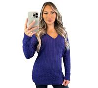 Stylish Doll Long Sleeve V-Neck Knitted Cable Women's Jumper Knitted Sweater Pull Over Jumper Top Knit Warm Winter Everday Chunky Casual Pullover Ladies Plain Tops UK (Purple, 20-22)