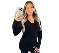 Stylish Doll Long Sleeve V-Neck Knitted Cable Women's Jumper Knitted Sweater Pull Over Jumper Top Knit Warm Winter Everday Chunky Casual Pullover Ladies Plain Tops UK (Black, 8-10)