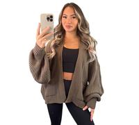 Stylish Doll Women’s Short Balloon Cardigan - Knitted Open Front 2 Pockets Cuffed Long Sleeve Loose Fit Chunky Knit Winter Jumper Warm Sweater Casual Plain Tops (Mocha, UK 6-18)