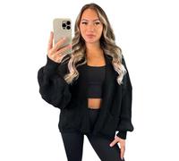 Stylish Doll Women’s Short Balloon Cardigan - Knitted Open Front 2 Pockets Cuffed Long Sleeve Loose Fit Chunky Knit Winter Jumper Warm Sweater Casual Plain Tops (Black, UK 6-18)