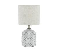 Stylish & Elegant Art Deco Cream-Grey Cement Table Lamp with Diamond Pattern & Off-white Fabric Energy Efficient Empire Shade for Bedroom, Office, Home Decor Lighting (Round - 20cm-10cm-10cm)