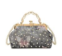 Stylish Evening Bag Shell Shape with Butterfly Embroidery Pearls Chain Strap, Gray
