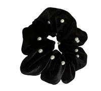 Stylish Faux Pearls Embellished Scrunchie Ruffled Cloth Ponytail Holder Fashion Hair Ties For Daily Use Or Parties Black Faux Pearls Scrunchie For Prom Event