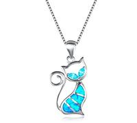 Stylish Female Kitty Jewelry Silver Color Blue Fire Opal Cat Pendant Necklace For Women