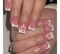 Stylish Floral Press On Nails French Manicure Set With Embossed Design Quick Application Reusable Fake Nails For Women Elegant Evening Party Artificial Nail