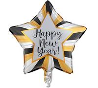 Stylish Foil Balloon Happy New Year in Black Gold | 45 cm Star Balloon for New Year's Eve Party | Can be Filled with Air or Helium | Reusable with Self-Locking Valve
