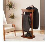 Stylish Freestanding Suit Rack with Tray & Drawer - Solid Wood Clothes Hanger, Tie & Belt nizer - Elegant Men's Valet for Office, Bedroom, & Bathroom