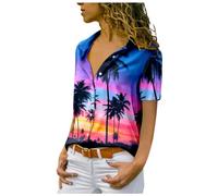 Stylish Front Women's Printed Hawaiian Coconut Scenic Printed Shirt Summer Fashion Beach Shirt Tee Loose Casual Top Classic Holiday Fit Shirts Oversized Comfy Fit Fashion Blouse B-Blue