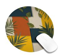 Stylish Geometric Leaf Mouse Pad, Yellow Green Abstract Shapes Stitched Edge Mousemat, Non-Slip Washable Desk Mousepad for Home and Office Use Round 8x8 Inch