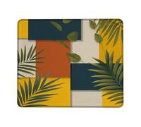 Stylish Geometric Leaf Mouse Pad, Yellow Green Abstract Shapes Stitched Edge Mousemat, Non-Slip Washable Desk Mousepad for Home and Office Use Square 8x10 Inch