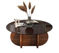 Stylish Glass and Wood Coffee Table | Wooden Base Small Coffee Table | Large Occasional Table 80 x 80 cm | Mid Century Home Furniture