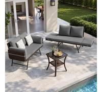Stylish Gray Outdoor 2-Seater Sofa Set with Cushions & Armrests Convertible Polyrattan Couch with Table Perfect Garden Bench for Patio Balcony & Terrace