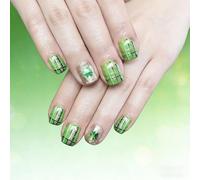 Stylish Green False Nails Short Square Fit with Sequins and Plant Patterns Lady Manicure Travel Press on