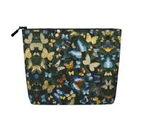 Stylish Green Leaf Colorful Butterfly Print Fake Hemp Makeup Bag - Travel Toiletry Organizer, Reusable Cosmetic Pouch with Large Capacity