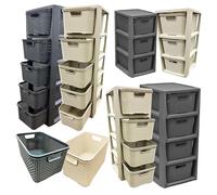Stylish Home Rattan Plastic Storage Tower Basket Commodes Cream & Grey 3, 4 or 5 Drawer Storage Solution Great For Schools & Offices (3 Drawer GREY, 1 Unit)