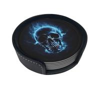 Stylish Horror Ghost Skull Round Pu Leather Coasters For Drinks Set Of 6, Waterproof And Durability With Storage Box, Perfect For Coffee Table, Dining Room, And Home Decor