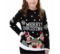 Stylish Kids Christmas Jumpers - Boys & Girls Cute Cartoon Printed Adorable Bambi Reindeer Snowflake Nose Multi Pom Pom Prints Xmas Jumper 13