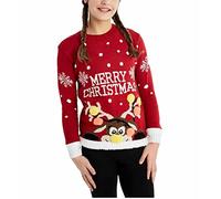 Stylish Kids Christmas Jumpers - Boys & Girls Cute Cartoon Printed Adorable Bambi Reindeer Snowflake Nose Multi Pom Pom Prints Xmas Jumper 13