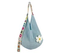 Stylish Knitted Shoulder Tote Bag For Women With Adjustable Strap Large Capacity Bohemian Floral Design Perfect For Daily Commute Beach And Dates (Light Blue, One Size)