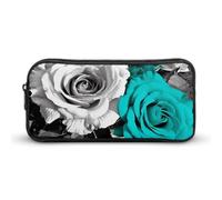 Stylish Large Pencil Case Black White Teal Gray Rose Flowers Printed, Big Capacity Pencil Pouch Stationery Pen Bag, Storage High Capacity Bag Pouch Holder Box Organizer, Marker Pen Case for Women & Me