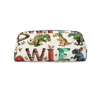 Stylish Learning Alphabets with Dinosaurs Print Leather Pencil Case with Silver Zipper, Multi-Use Cosmetic & Stationery Organizer, Waterproof Desk Storage Pouch for School, Office & Travel Gifts