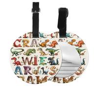 Stylish Learning Alphabets with Dinosaurs Printed Luggage Tags for Suitcases PU Leather Travel Tags Bag Tags Privacy Protection Travel Essentials Black