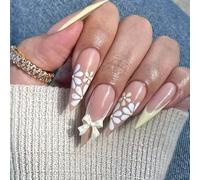 Stylish Long Pointed Artificial Nail French Style Pressed Flower and Bow Claw Detail Art Decoration 24pcs French Tips