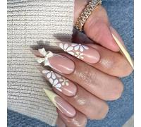 Stylish Long Pointed Artificial Nails French Styles Press On With Flower And Bows Detail Art Decoration 24pcs Press On Nail