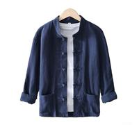 Stylish Long Sleeve Shirt for Men in Chinese Tang Suit Design with Button Down Feature for Daily Use (2XL Dark Blue)