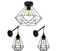 Low Ceiling Light & 2X Matching Wall Lights - Black Geometric Wire Cage Shade - Semi Flush Profile Modern Trendy Living Room LED Set Kit