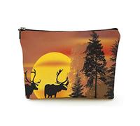 Stylish Makeup Bag Women Linen Travel Cosmetic Bags Durable Makeup Organizer Bag,Deer Silhouette at Sunset, for Women/Men