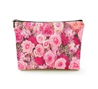 Stylish Makeup Bag Women Linen Travel Cosmetic Bags Durable Makeup Organizer Bag,Group of Pink and Red Fresh Roses, for Women/Men