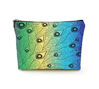 Stylish Makeup Bag Women Linen Travel Cosmetic Bags Durable Makeup Organizer Bag,Outlined Peacock Feathers on a Rainbow Background, for Women/Men